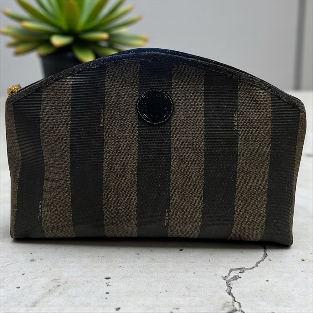 Vintage Fendi Pequin Pecan Canvas Striped Cosmetics Pouch with COA